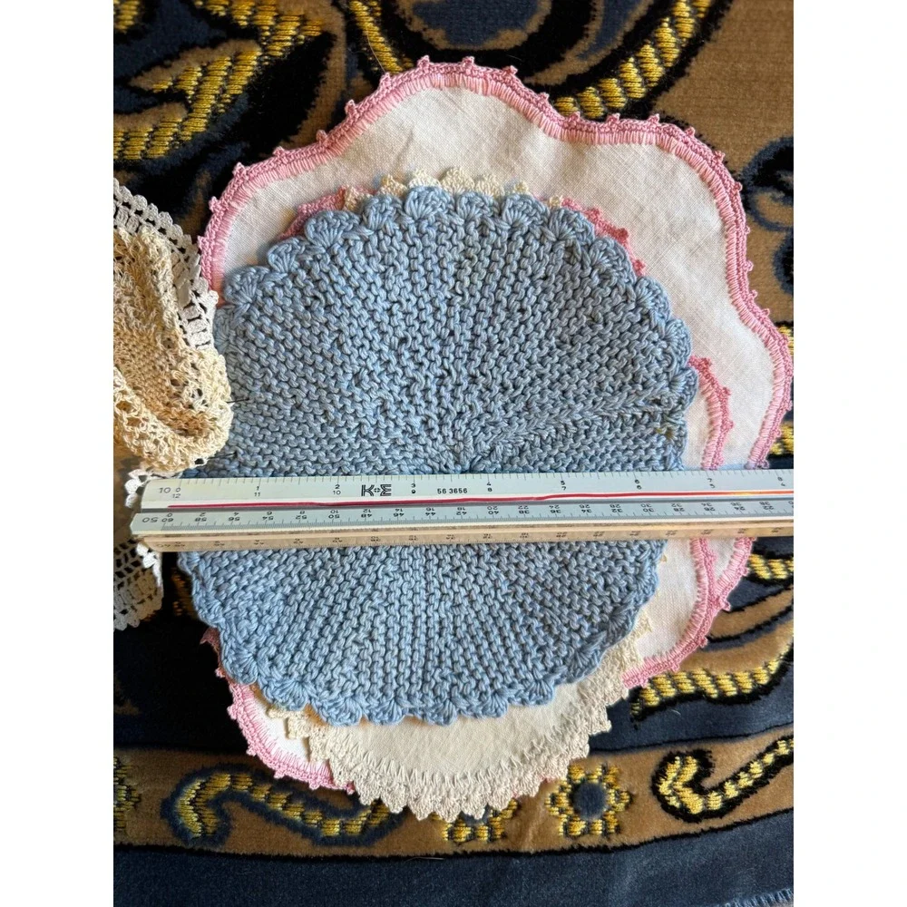 Vintage Linen Doilies Crochet Lace Edging Pastel Pink Blue Cream Set Cottagecore